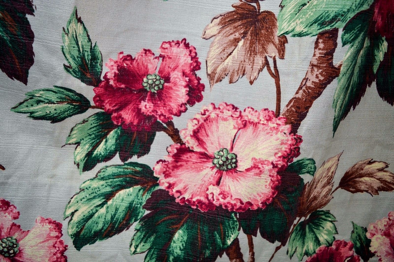 VINTAGE MIDCENTURY GARDEN TREE PEONY BARKCLOTH CURTAINS, PAIR, 52