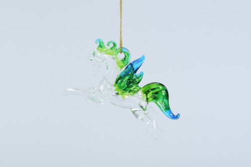 Hanging Pegasus Green and Blue Purple Clear Figurine of Blown Glass Crystal