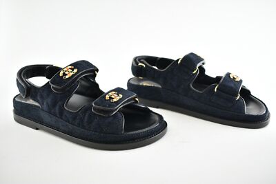 Pre-owned Chanel 21a Blue Velvet Denim Cc Logo Mule Slide Strap Flat Teva Dad Sandal 36.5