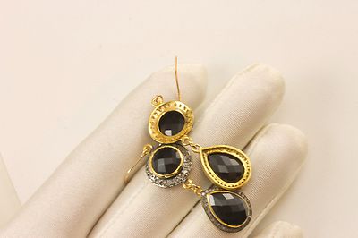 Pre-owned Spyglass Designs 14k Yellow Gold Black Onyx Earrings Pave Champagne Diamonds Bezel Double Long
