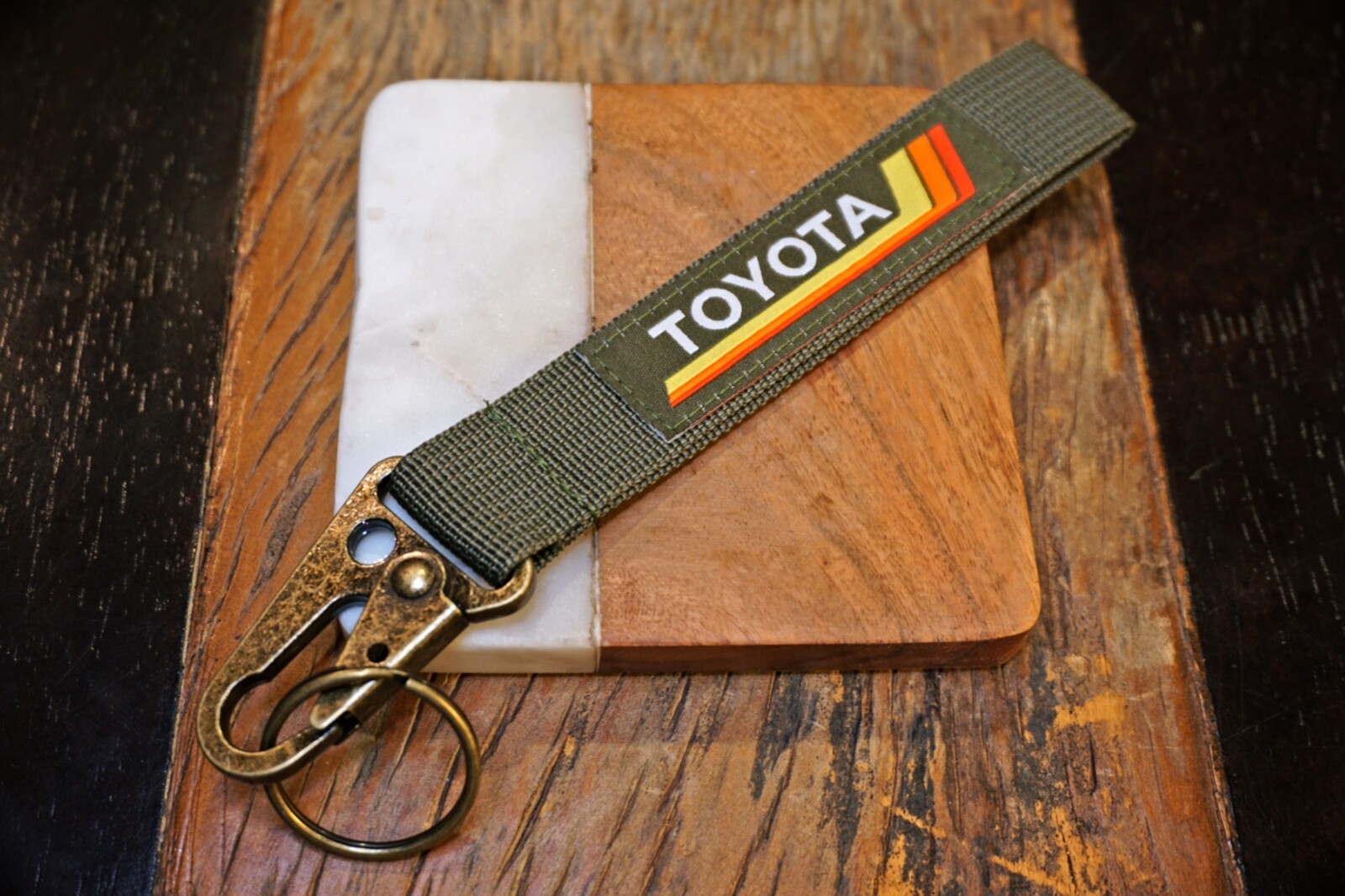 Vintage Toyota Heritage Stripes Keychain Green, Antique Brass Metal Clip