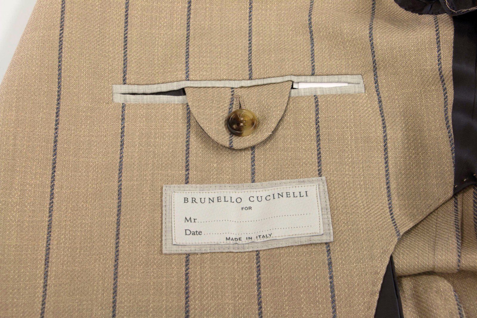 Pre-owned Brunello Cucinelli Nwt$4595  Men's Pinstripe Print Sport Coat W/logo Buttons A248 In Khaki-taupe + Blue Print