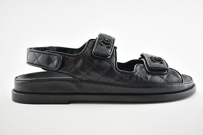 Pre-owned Chanel Black Leather Quilted Chain Cc Logo Mule Slide Strap Flat Dad Sandal 37