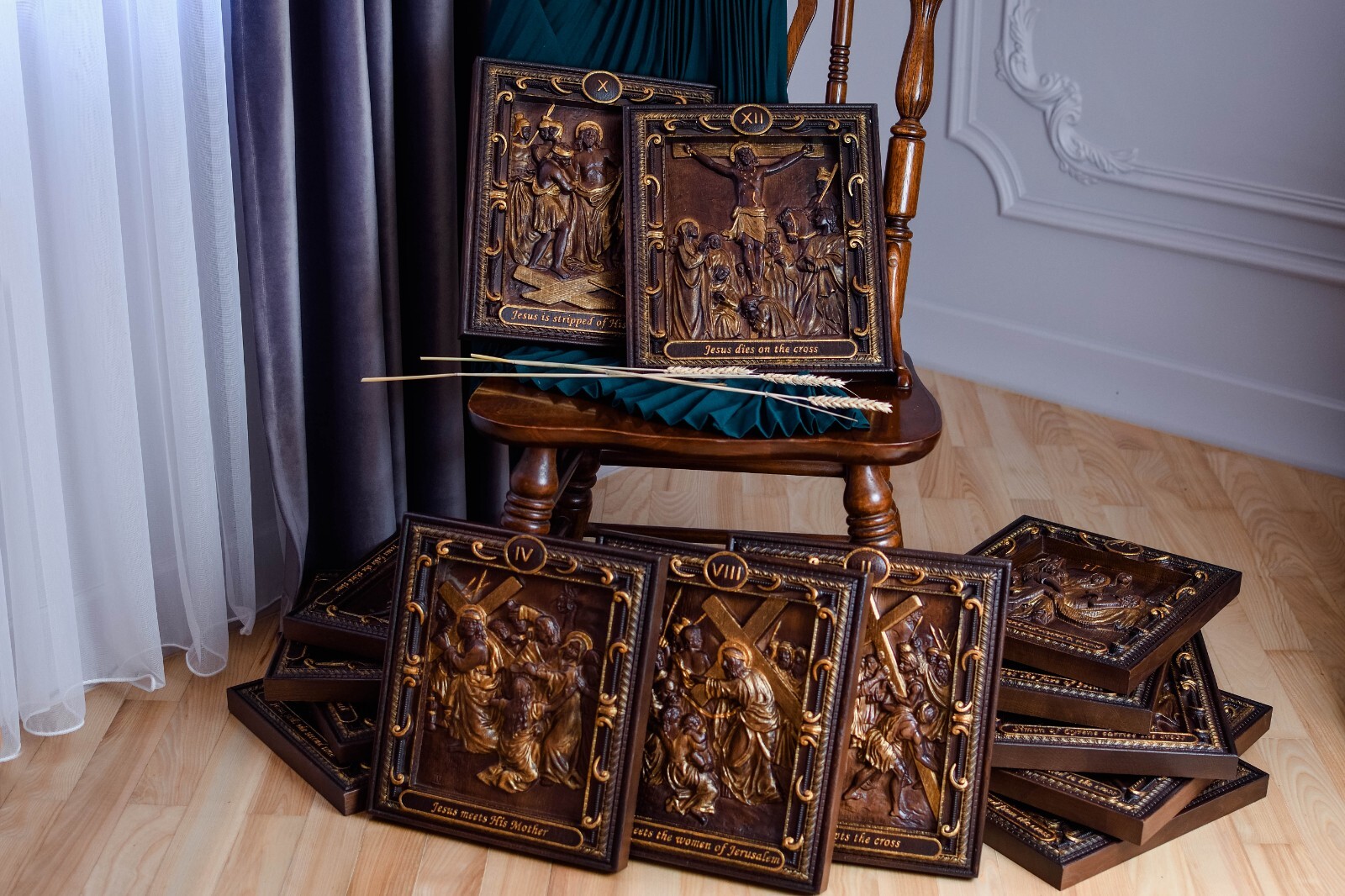 Set of 14 Stations of the Cross way of sorrows wood religious carved icons