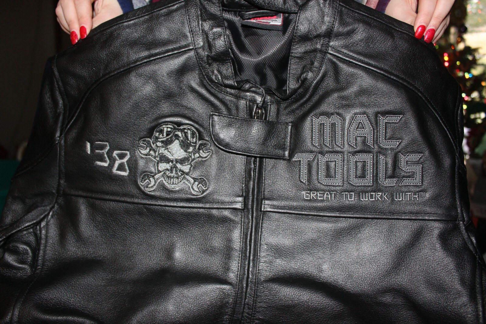 VTG RARE Mac Tools Leather Jacket Black Embroidered Skull Logo Racing