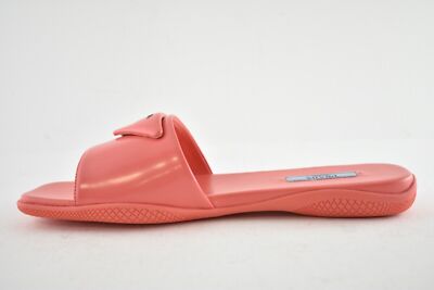 Pre-owned Prada Corallo Red Rubber Leather Triangle Logo Slide Sandal Flip Flop Flat 39