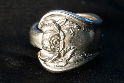ANTIQUE ROSE / FLOWER SPOON RING STERLING SILVER SIZE 9, STAMPED