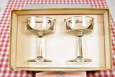 Vintage PAIR Traditional CUTLER Bride and Groom Champagne Glasses Platinum MINT!