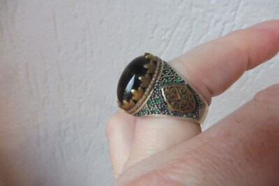 Très Belle Bague, 925 Argent, Partiellement Doré, Avec Vert Pierres, Taille 65