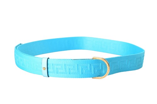 Pre-owned Versace Light Blue Leather Trimmed Buckle Decorated Adjustable Belt One Size