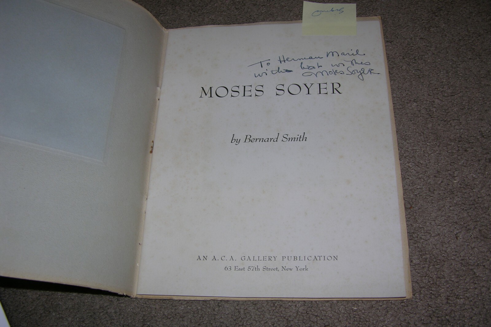 1944 Moses Soyer by Bernard Smith, Signed by Artist, Art Exhibition Catalog