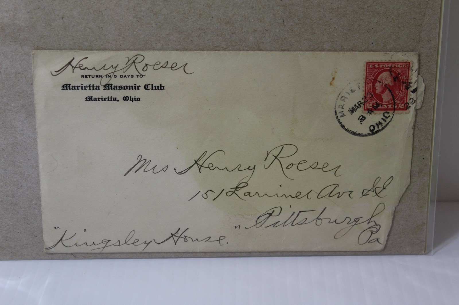 1922 MARIETTA OH OHIO MASONIC CLUB LETTERHEAD & ENVELOPE