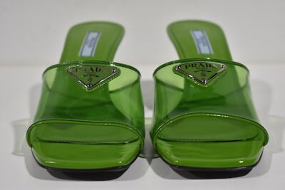 Pre-owned Prada Plexiglas Green Pvc Patent Leather Backless Sandal Mule Heel Pump 38.5