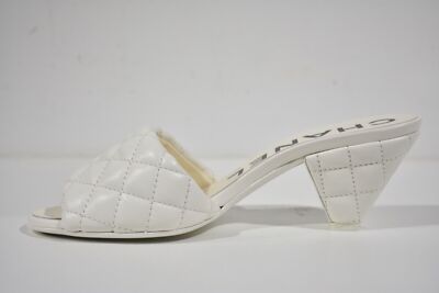 Pre-owned Chanel Rev White Lambskin Quilted Cc Gold Logo Cone Heel Mule Slide Sandal 37.5