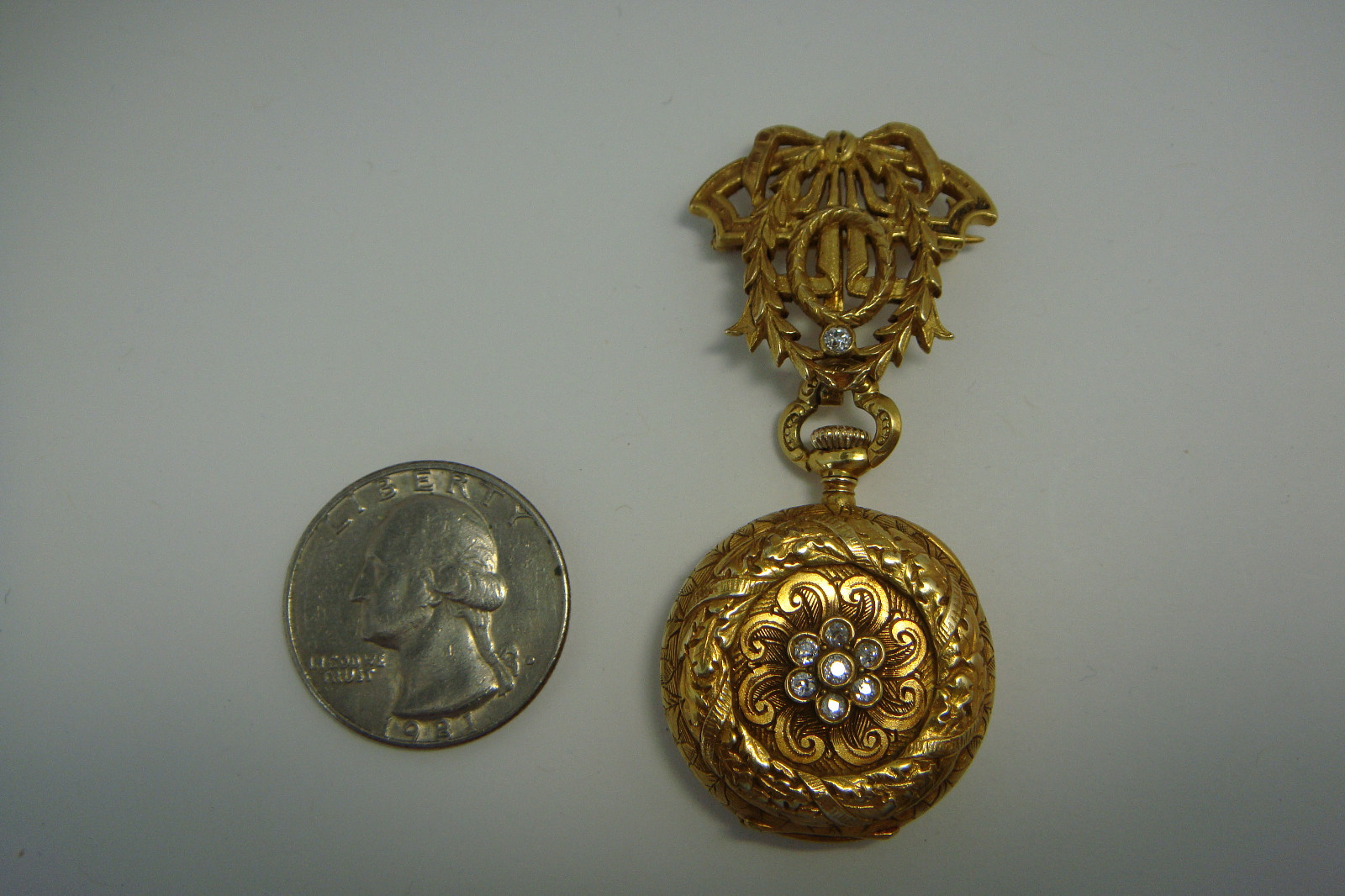14K ANTIQUE VINTAGE SWISS POCKET WATCH ON PIN, OLD MINE DIAMONDS, 28 GRAMS