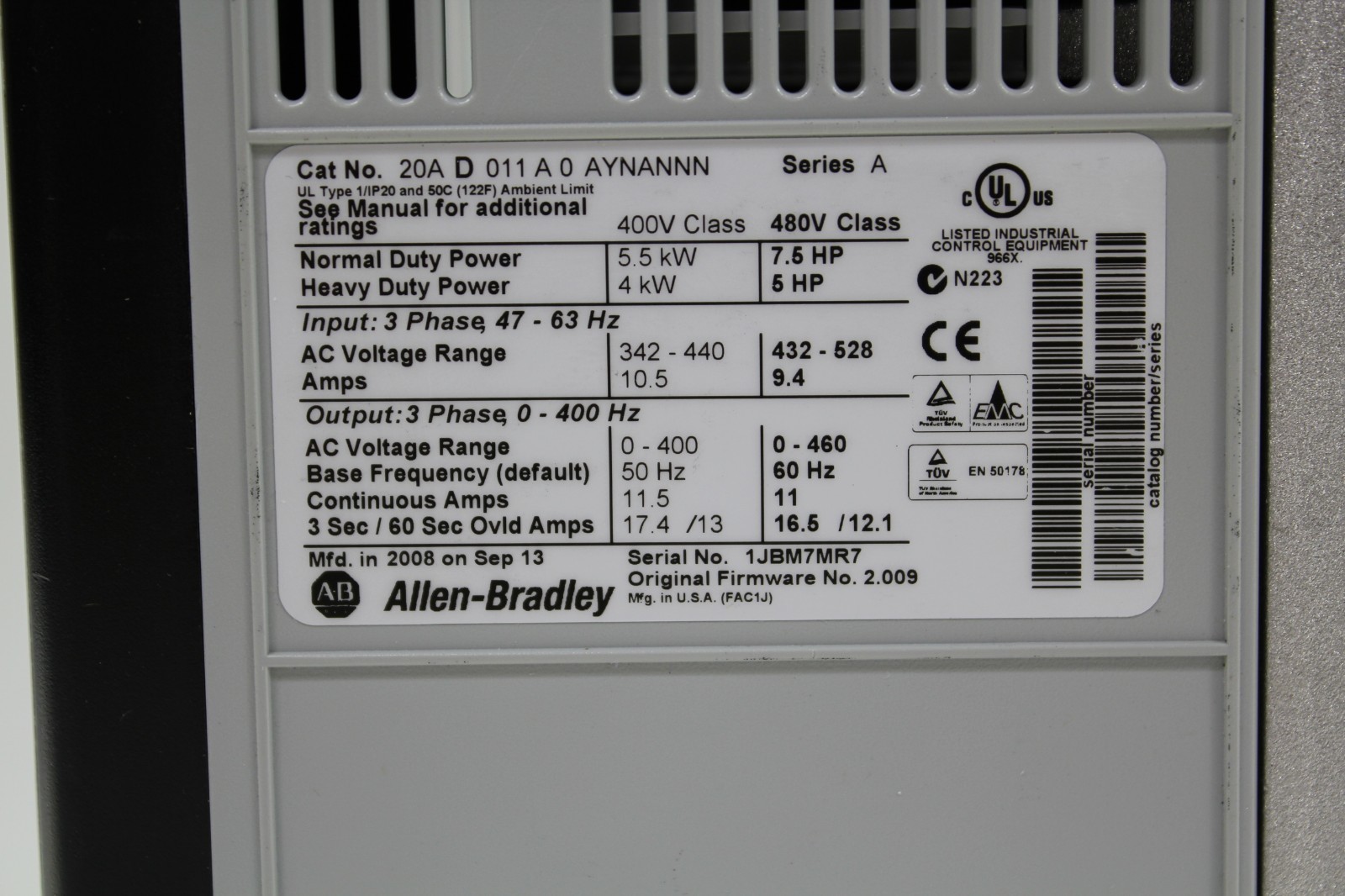 New Allen Bradley PowerFlex 70 20AD011A0AYNANNN 7.5 hp 480vac 3 Phase Drive VFD