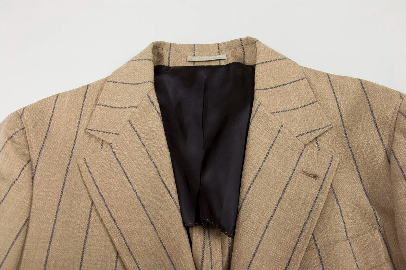 Pre-owned Brunello Cucinelli Nwt$4595  Men's Pinstripe Print Sport Coat W/logo Buttons A248 In Khaki-taupe + Blue Print