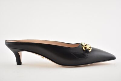 Pre-owned Gucci Zumi Black Leather Silver Gold Gg Kitten Heel Mule Slide Loafer Pump 37