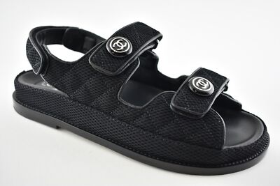 Pre-owned Chanel 21c Black Fabric Silver Logo Mule Slide Strap Flat Teva Dad Sandal 37.5