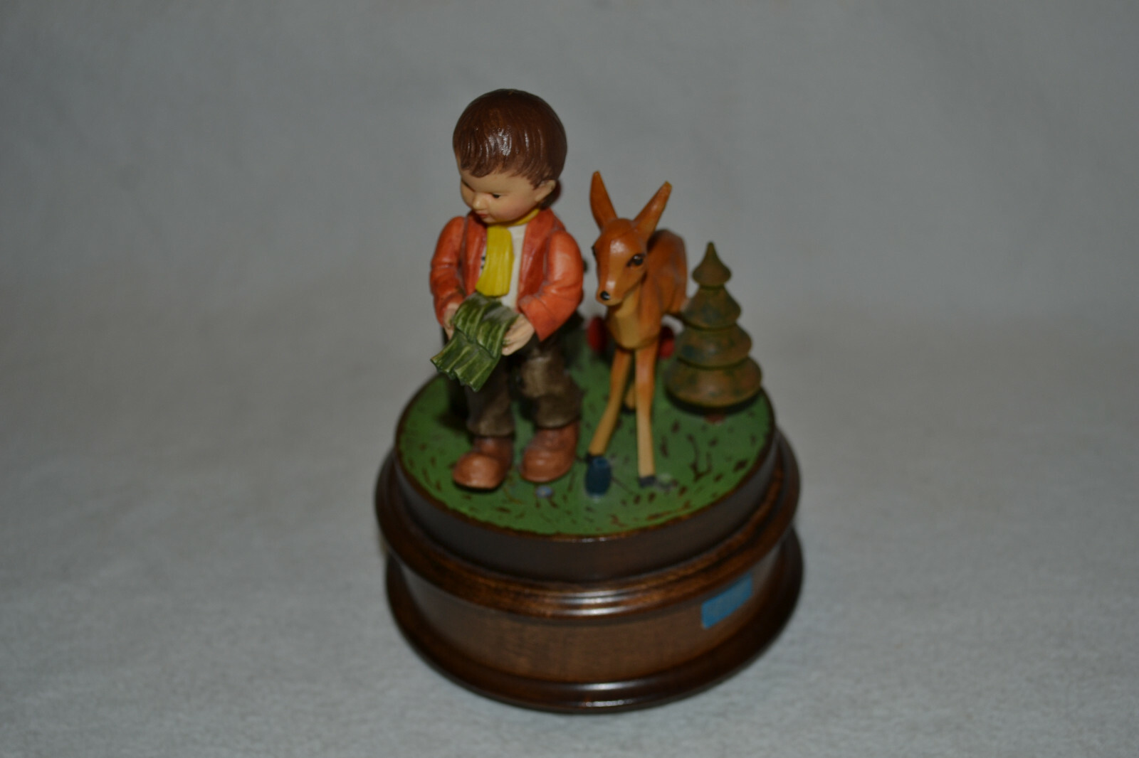 Vintage Carved Wood Boy Deer Bird w/ Reuge Music Box “Alles neu match der Mai