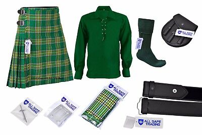 Men's Scottish 9 Pcs 8 Yard Kilt Outfit with Sporran, Irish Heritage Tartan Kilt