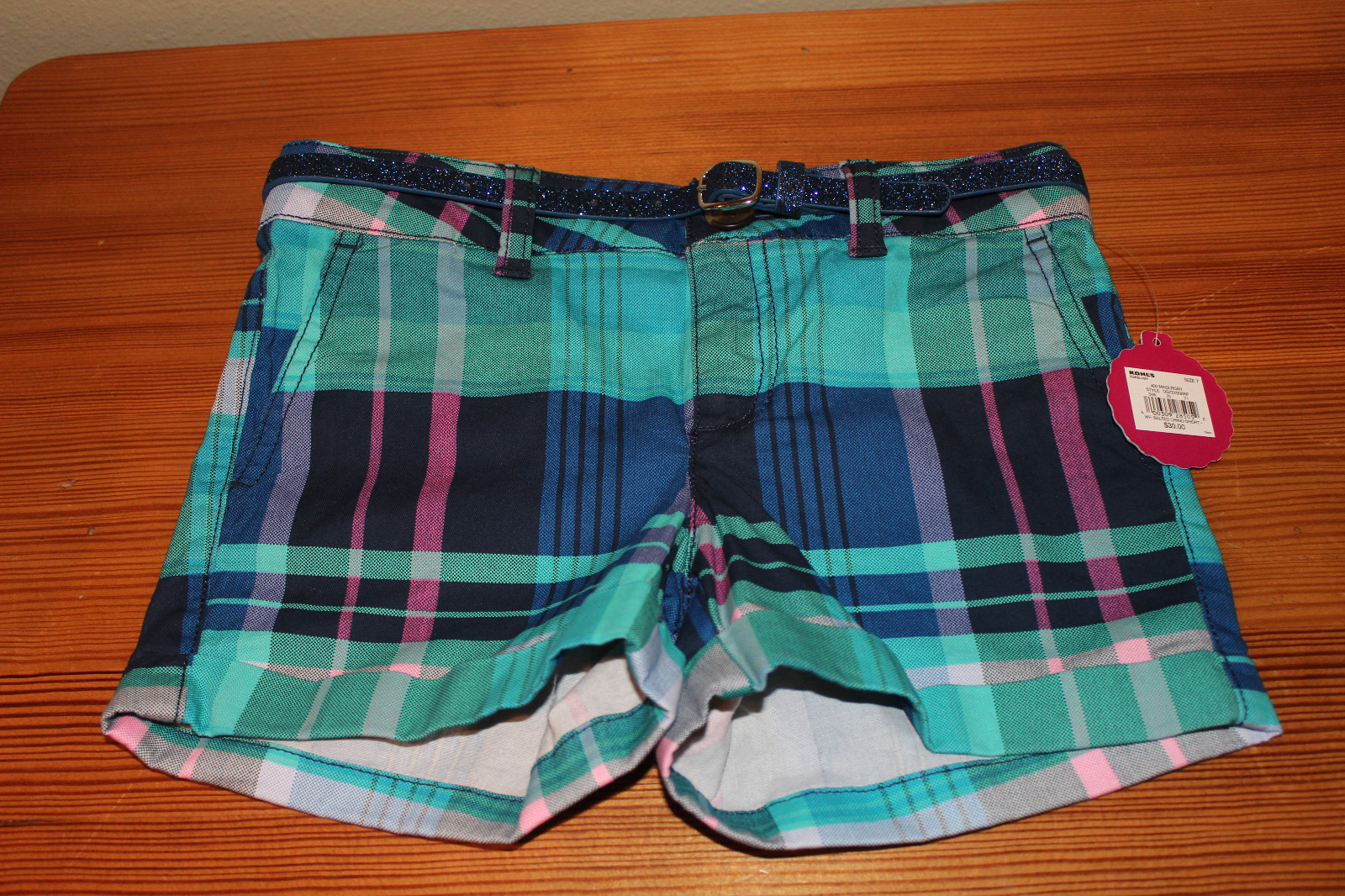 New SO (KOHL'S) GIRL'S Plaid belted chino Short-- SIZE 7 REGULAR NEW WITH TAGs