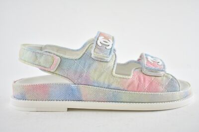 Pre-owned Chanel 22c Green Pink Blue White Cc Logo Mule Slide Strap Flat Dad Sandal 38 In Multicolor