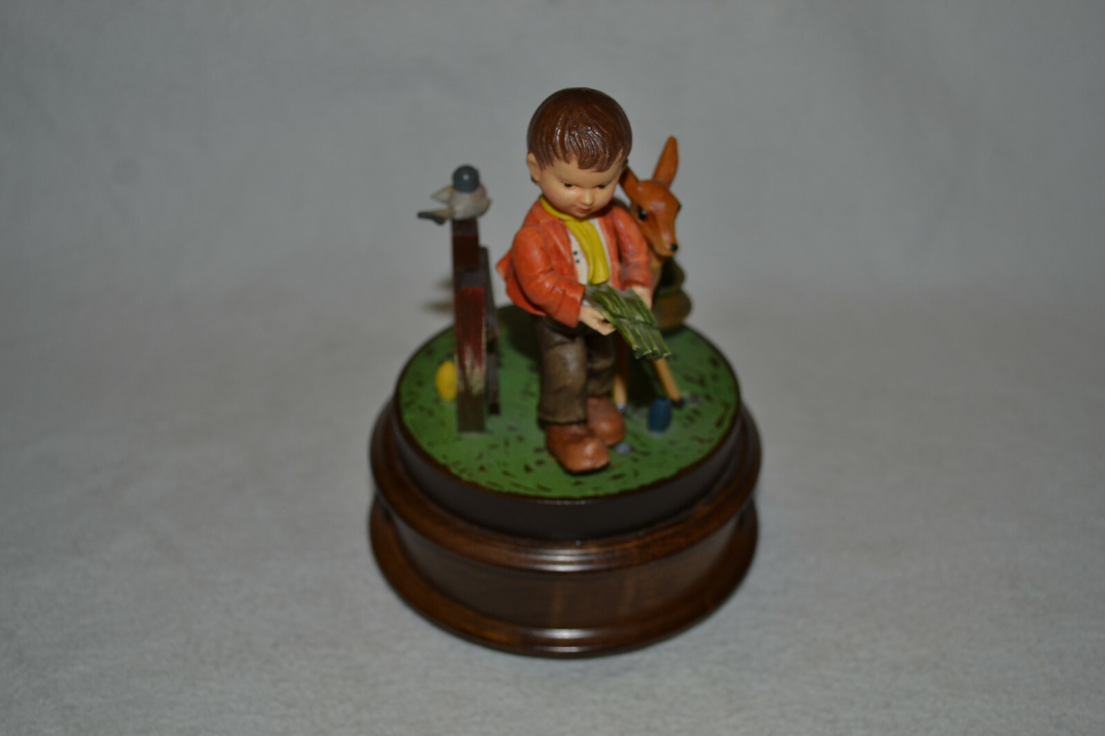 Vintage Carved Wood Boy Deer Bird w/ Reuge Music Box “Alles neu match der Mai