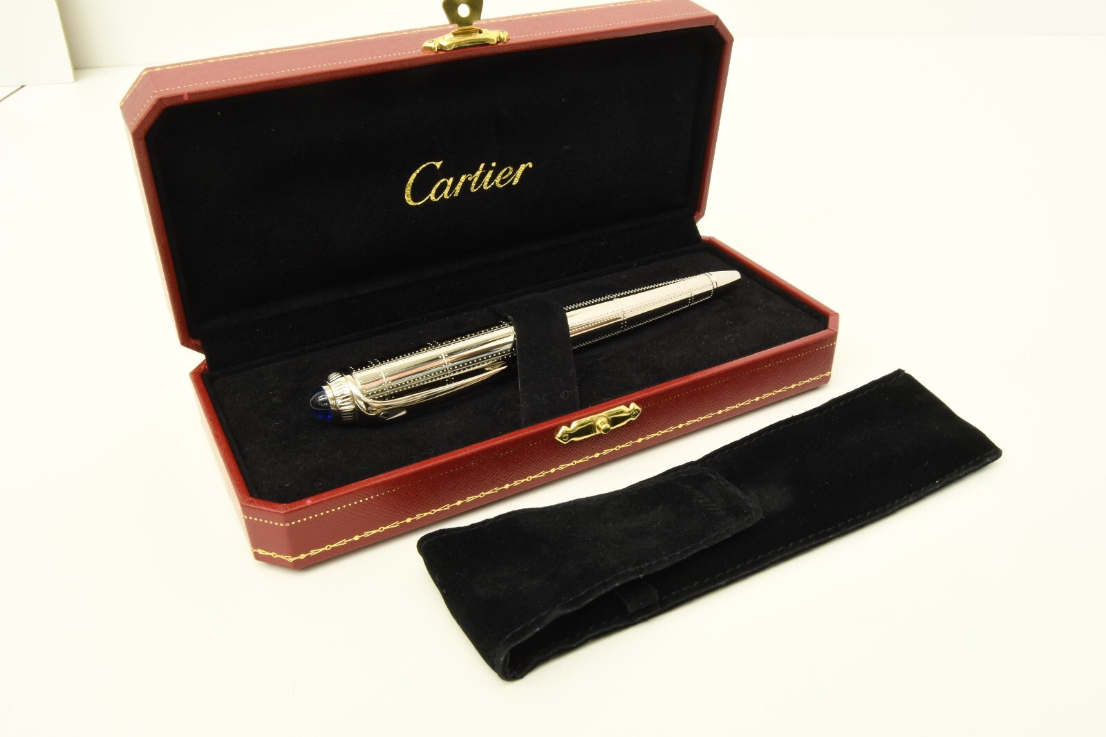 Authentic Cartier Ballpoint Pen Silver Blue Sapphire LRG