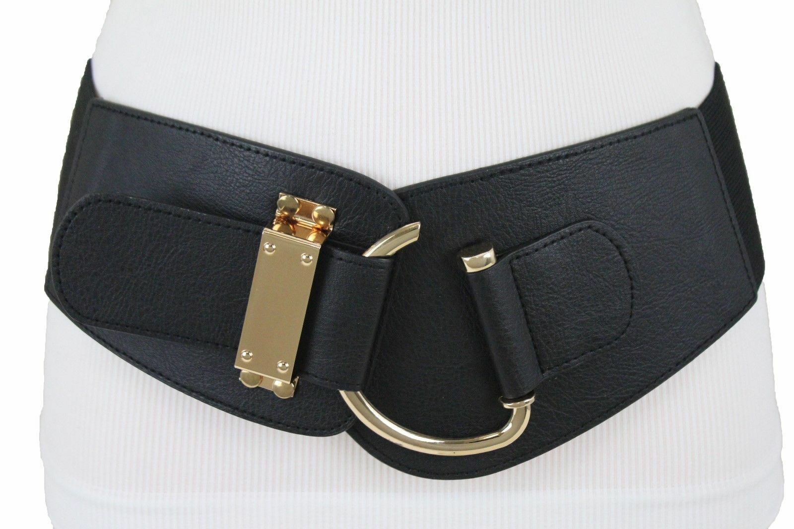 Women Gold Metal Hook Buckle Black Casual Bling Belt Wide Stretch Waistband L XL