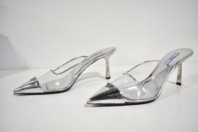 Pre-owned Prada Modellerie Clear Pvc Silver Backless Pointed Sandal Mule Heel Pump 38.5