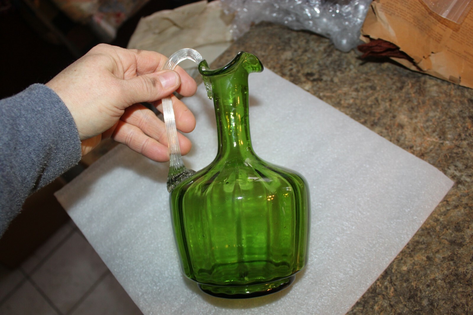 Vintage art glass pitcher hand blown glass with clear glass handle ruffled top