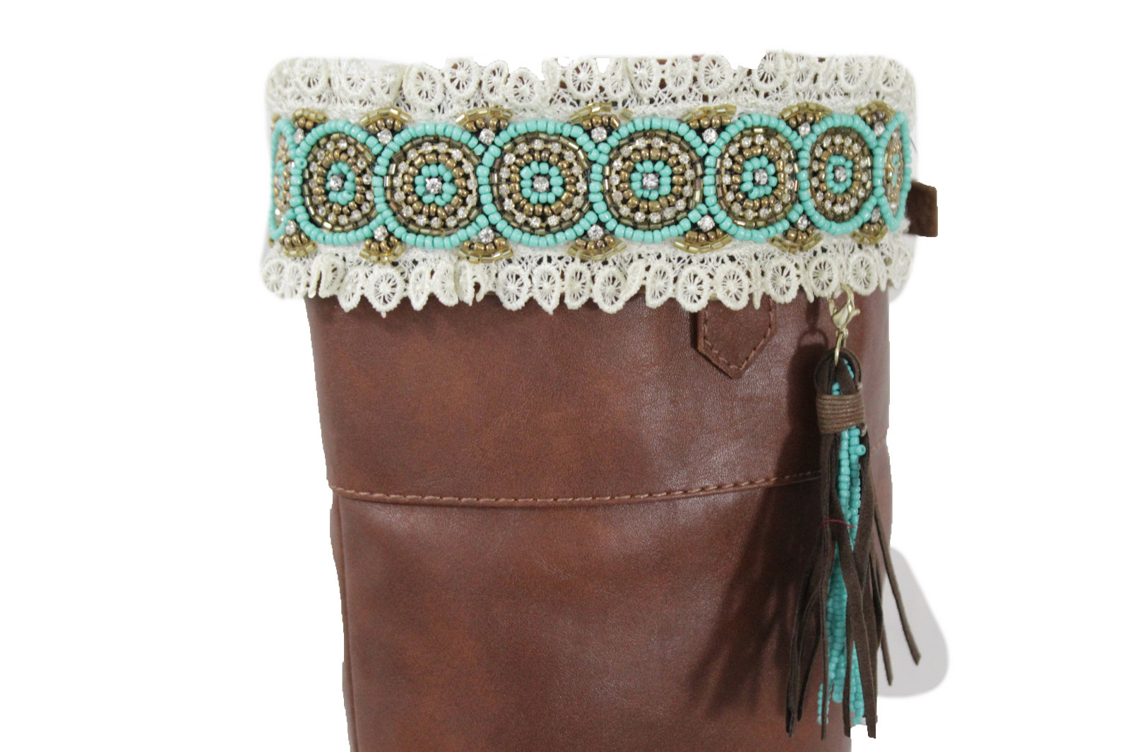 Western Damen Winterstiefel Stulpen Türkis Blau Goldperle Kniehoch Quaste Spitze