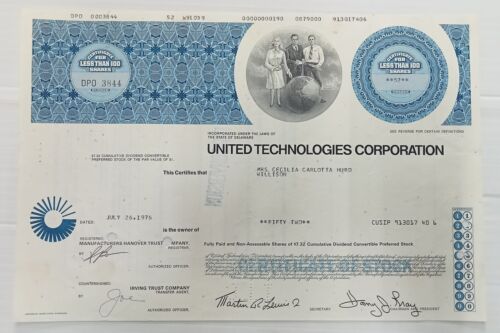 United States United Technologies Corporation 1976 share certificate 52 shares