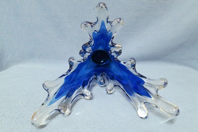 Vintage Studio Art Glass Vase Royal Blue White & Clear Glass 14