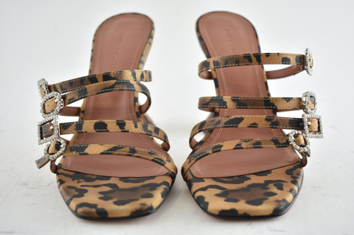 Pre-owned Amina Muaddi Robyn Slipper Satin Leopard Crystal Backless Sandal Heel Pump 41 In Black