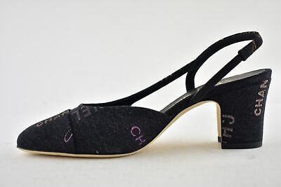 Pre-owned Chanel 22p Mademoiselle Coco Sling Black Grey Denim Slingback Sandal Heel 38.5 In Gray
