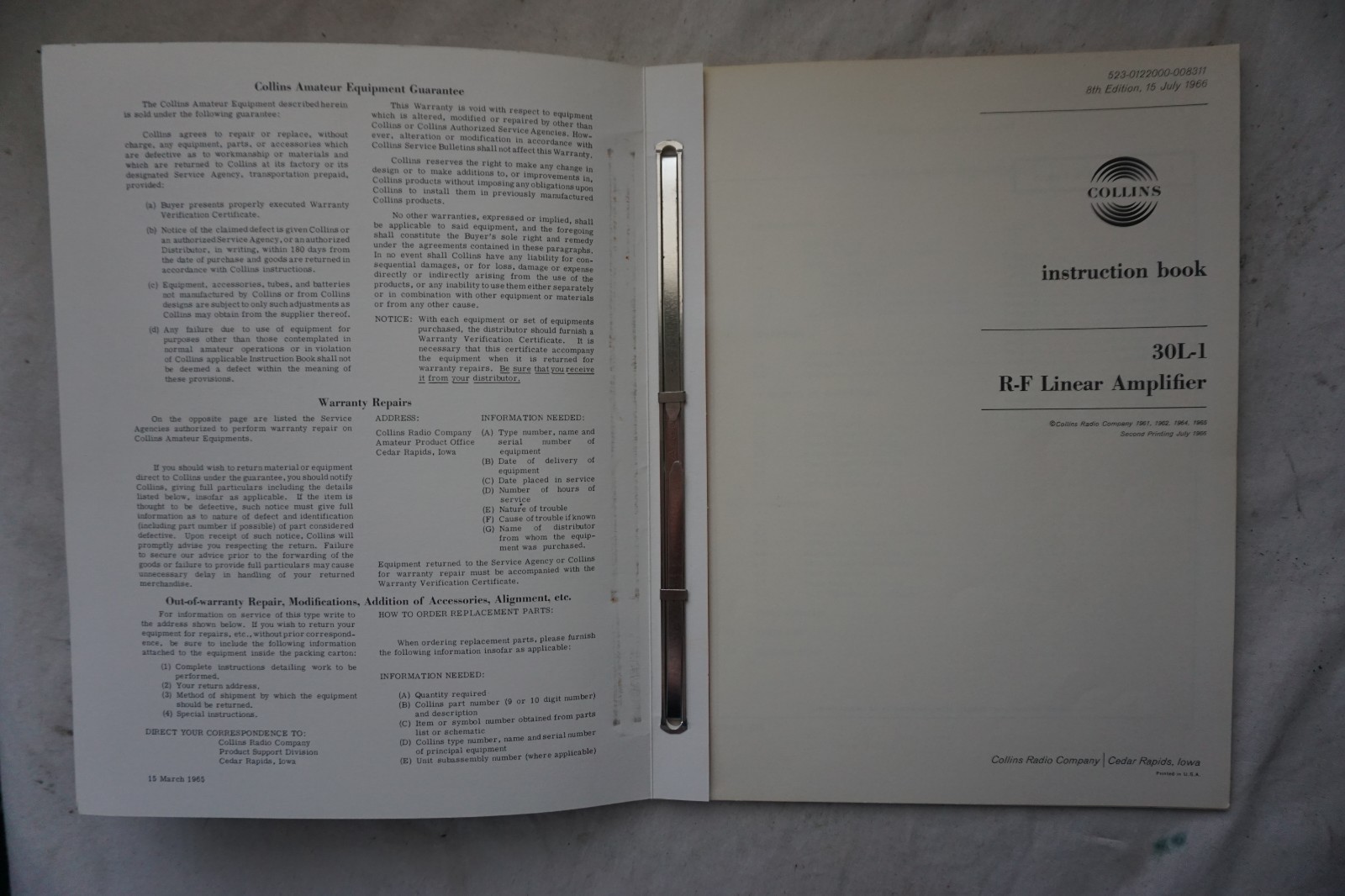Collins Radio 30L-1 R-F Amplifier Manual Authentic 1966 Second Printing HAM