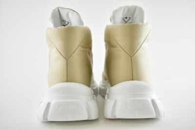 Pre-owned Prada Rush Piuma Nylon Beige White Platform Flat High Top Trainer Sneaker 39.5