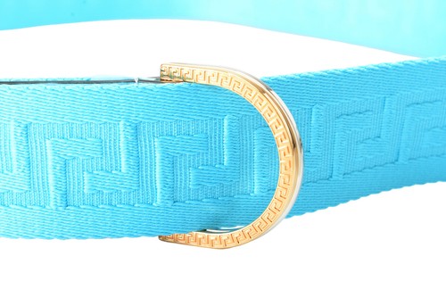Pre-owned Versace Light Blue Leather Trimmed Buckle Decorated Adjustable Belt One Size