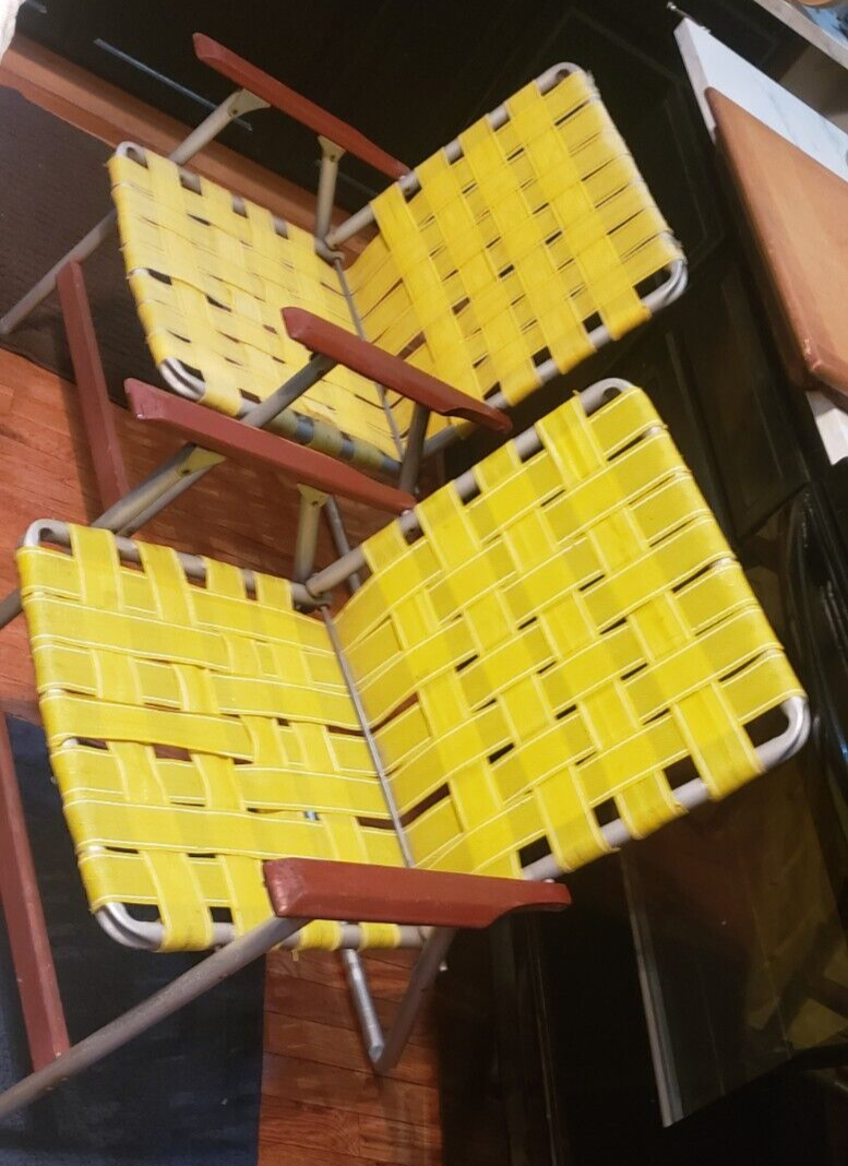 2 Vintage Outdoor Folding Webbed Yellow Lawn Chair Circ 1950