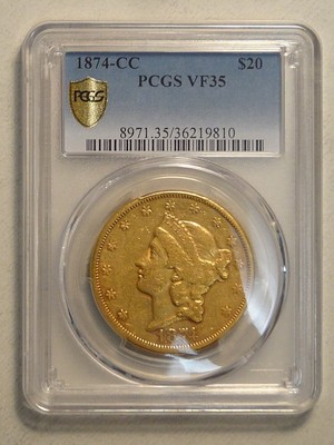 1874-CC $20 Gold Liberty, PCGS VF-35 Gold Shield, Rare Type 2 Carson City Gold
