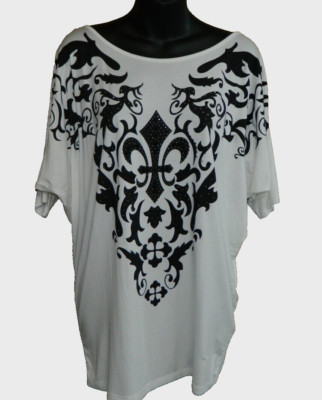 NEW Off White/Black Rhinestone Fleur De Lis Vocal S/S Top Sizes S, M, L, XL