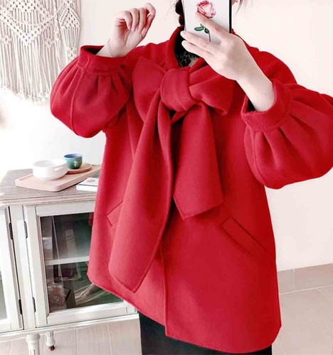 Pre-owned Handmade Custom Made To Order Tie Neck Bow Wool Blend Basic Jacket Coat Plus 1x-10x L537 In Red