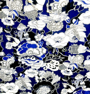 Lotus Water Lily Floral 100% Cotton Fabric Sample 26''  Sq. Navy Blue White - USA