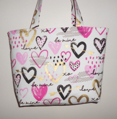 Handmade Valentine Hearts ''Be Mine'' ''Love'' Gold Accents Tote Bag Purse