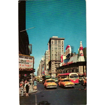 Vintage Times Square New York City Postcard 1950s Street Scene Taxis Theaters