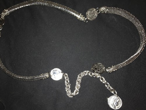 Vintage Silver Toned /plated, Fish scale /Mesh Chain Belt w/ Napoleon Coins