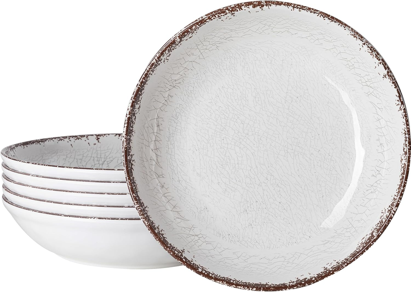 LEHAHA Farmhouse Pasta Bowls, Set of 6, White Melamine Rustic 42 Oz Shallow Bowl, Large Salad Bowl, Deep Pasta Plate, Dishwasher Safe Serving Bowls.…