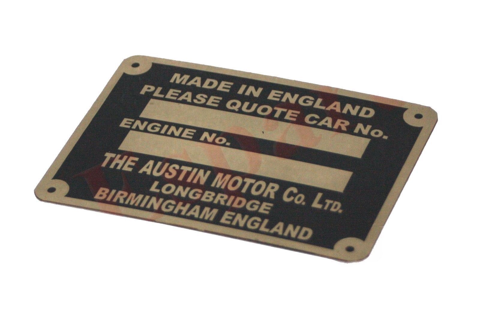 The Austin Motor Co Ltd. Birmingham England Engine Number Plate 